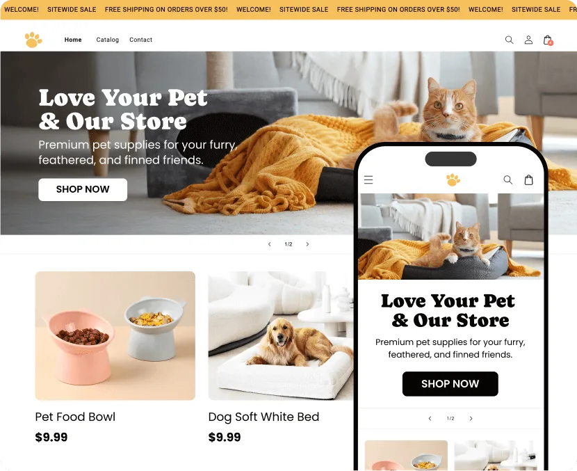 AI-built Pets Shopify store, desktop and mobile view